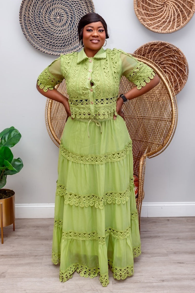 Emerald Bloom Lace Skirt Set