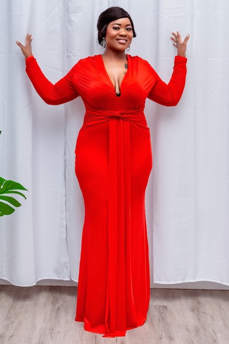Scarlet Elegance" Deep V-Neck Maxi Dress