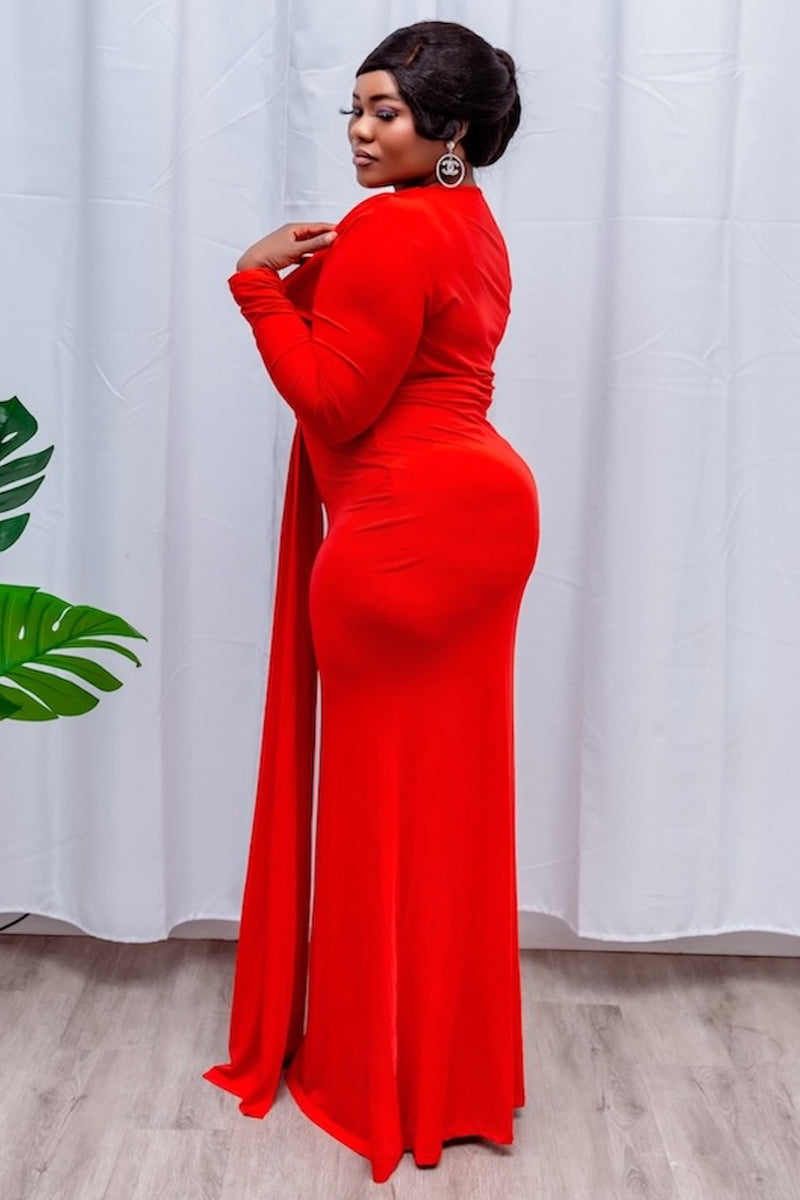 Scarlet Elegance" Deep V-Neck Maxi Dress