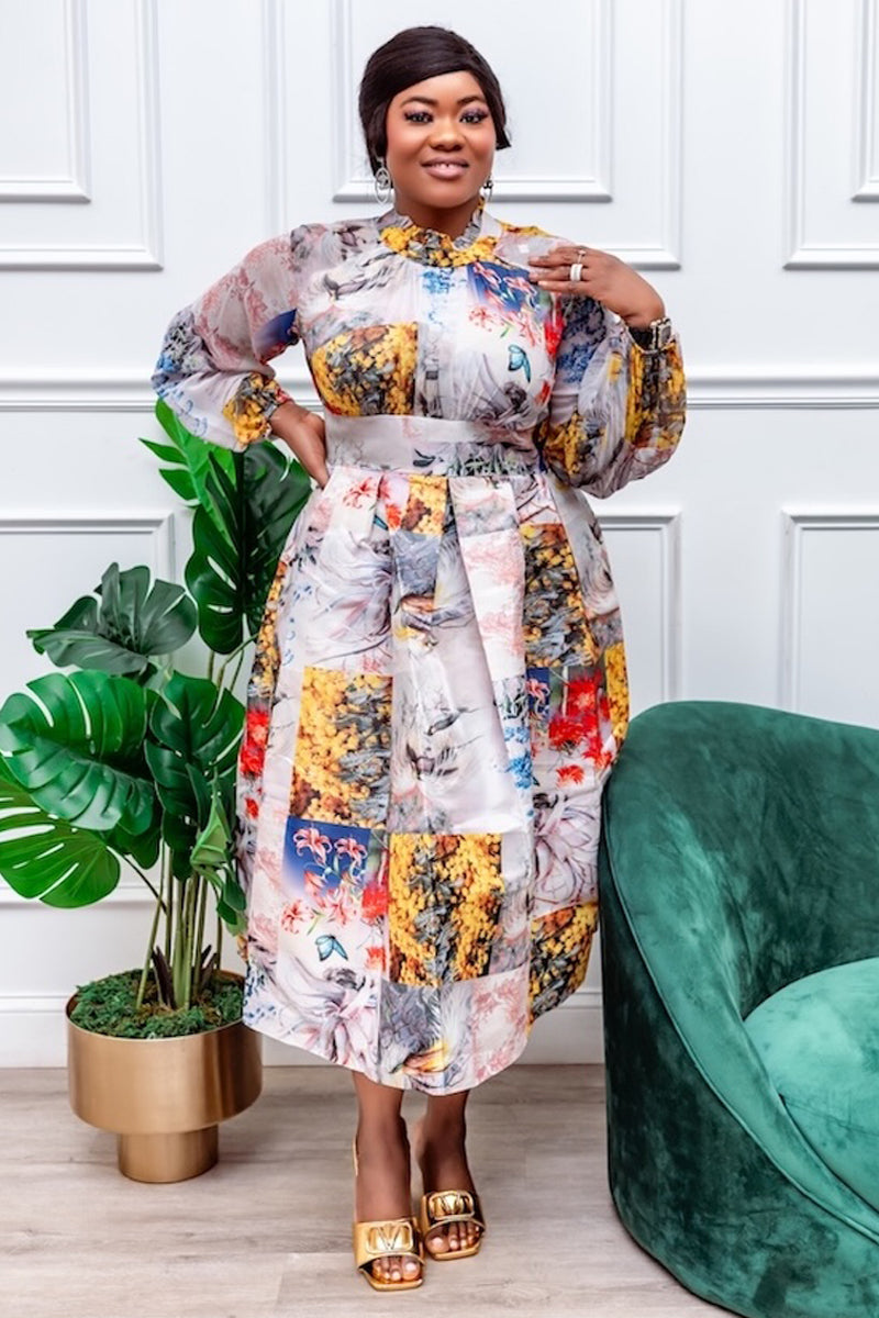 "Garden Muse" Abstract Patchwork Midi Dress
