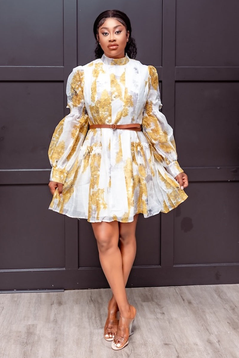 Golden Bloom Puff Sleeve Mini Dress