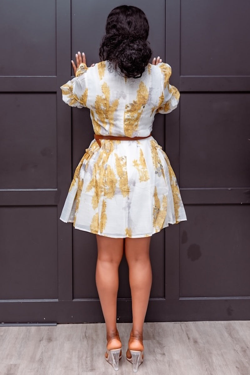 Golden Bloom Puff Sleeve Mini Dress