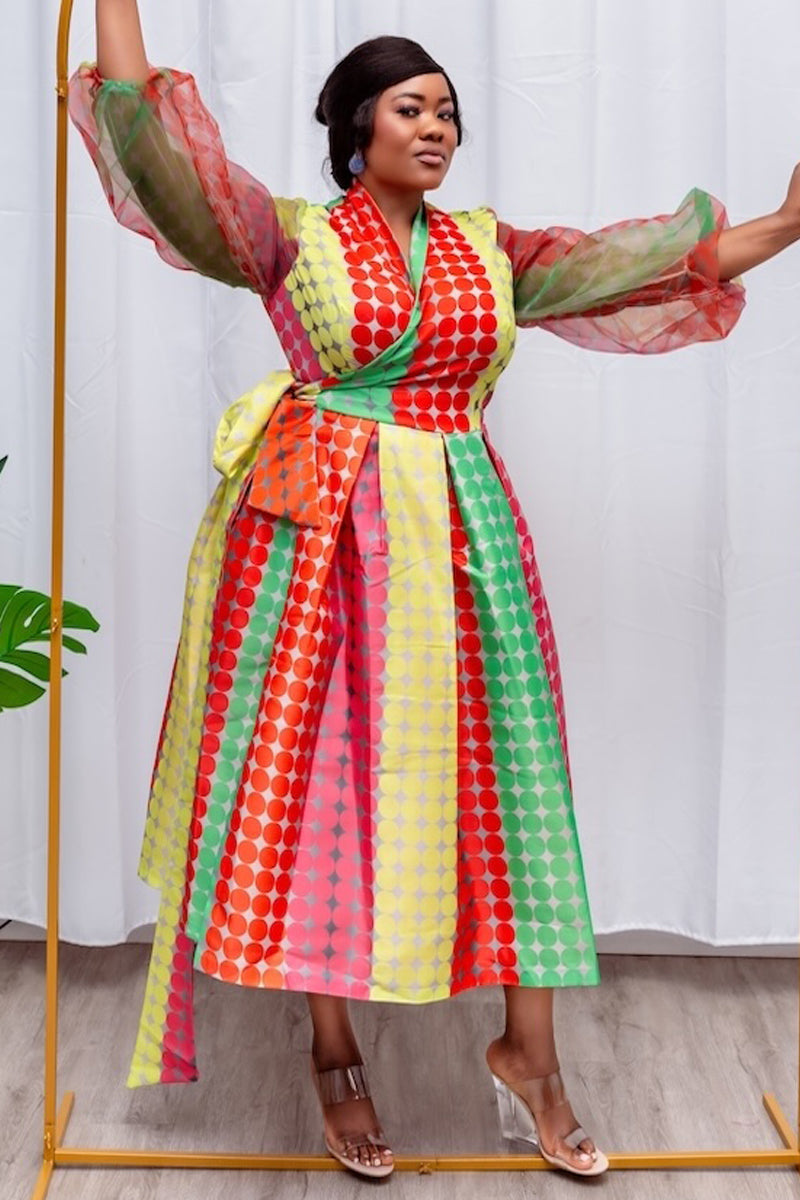 "Carnival Radiance" Multi-Color Wrap Midi Dress