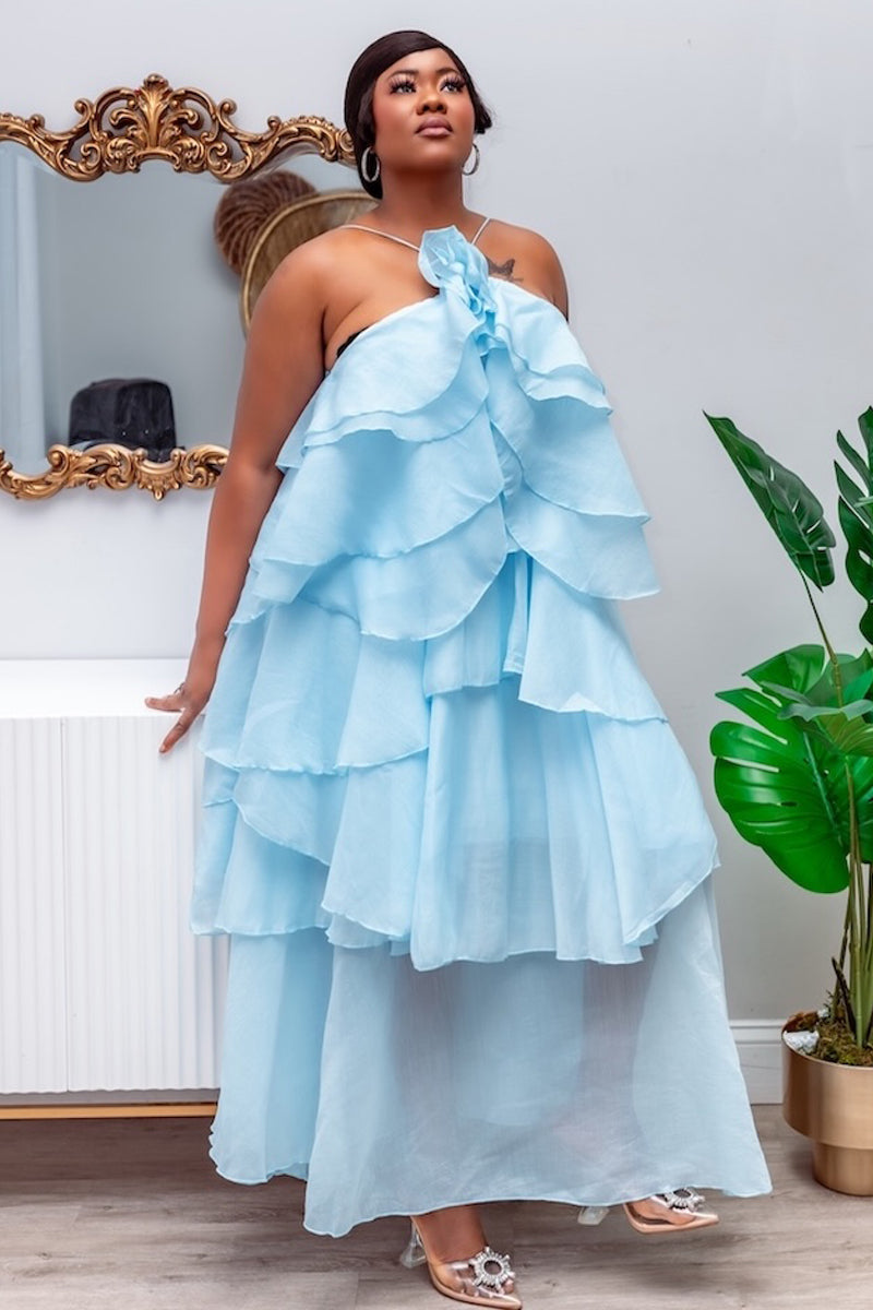 Heavenly Blue Cascade Ruffle Dress