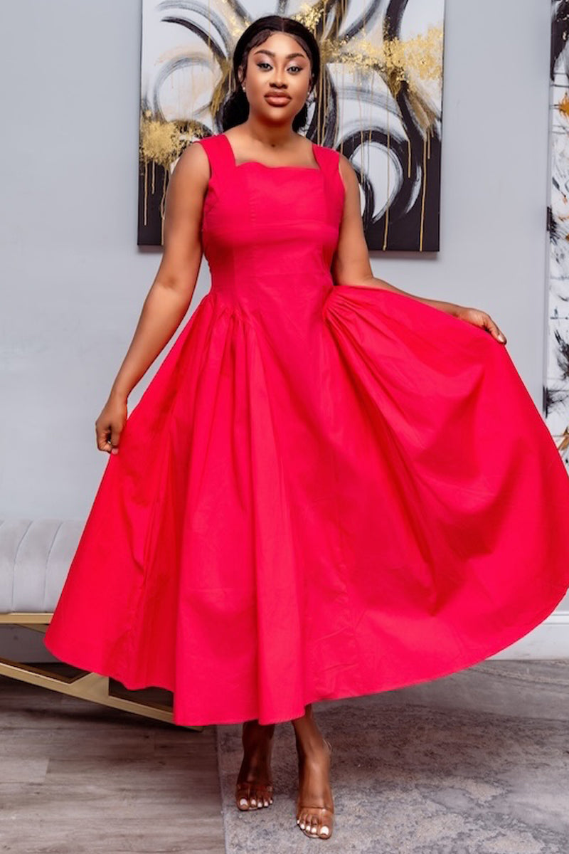 "Ruby Radiance" Structured Midi Dress-Hot Pink