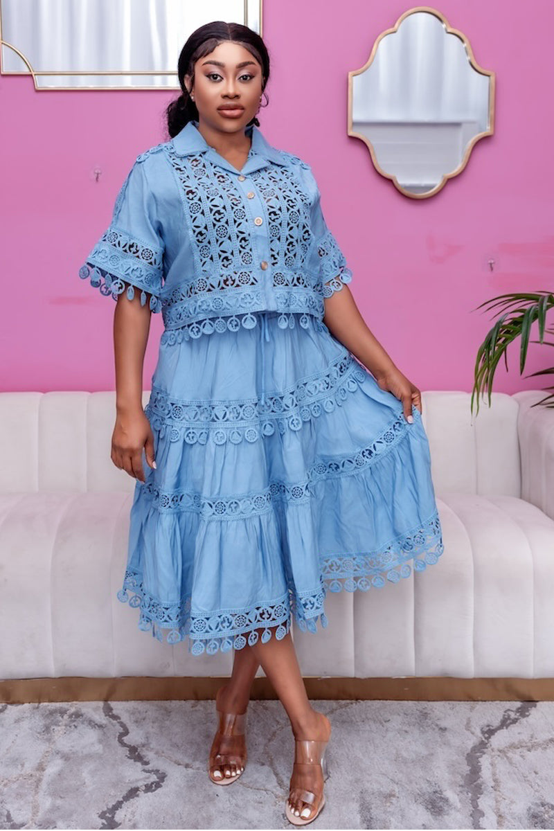 Azure Breeze Eyelet Skirt & Top Set - Blue