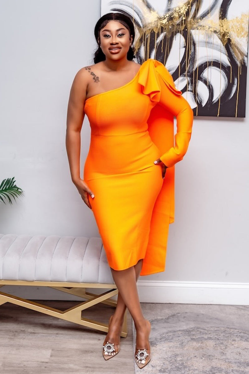 Sunset Glam" One-Shoulder Bandage Midi Dress - Orange