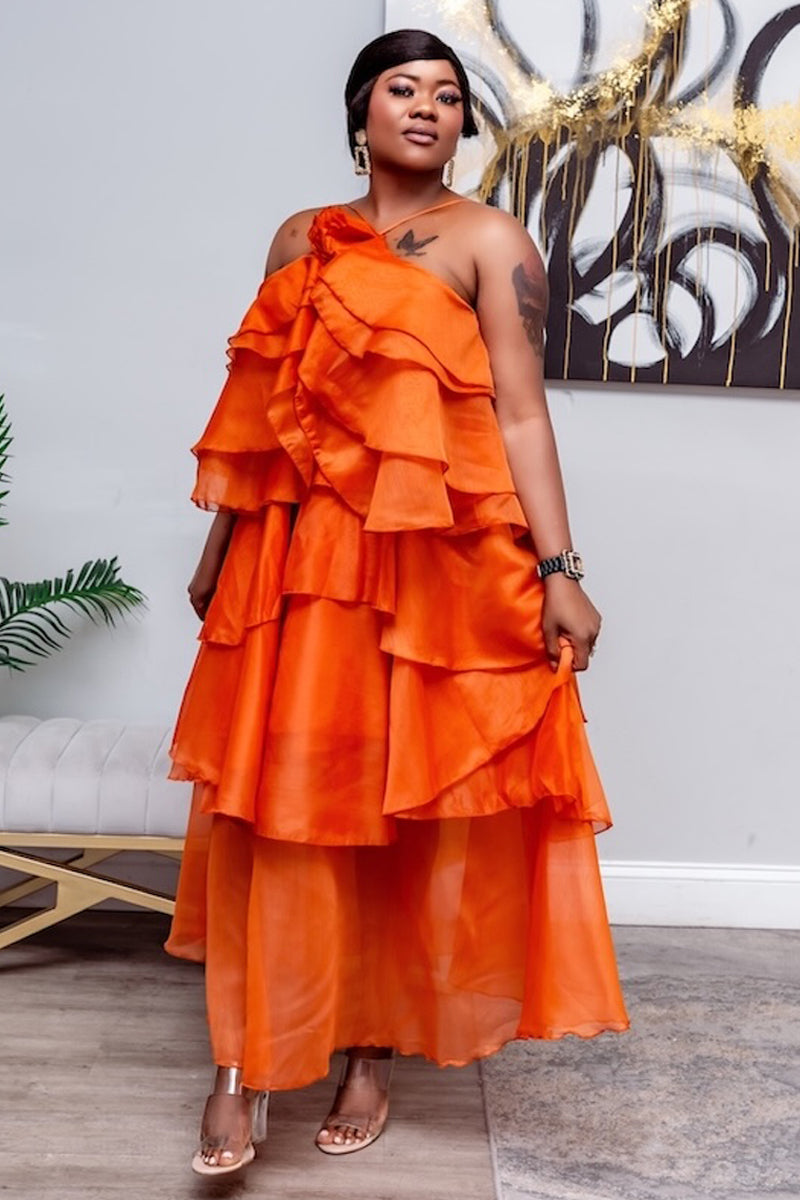 Radiant Ruffle One-Shoulder Dress – Orange
