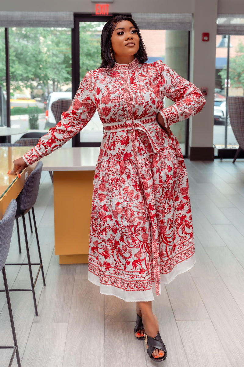 Regal Red & White Print Midi Dress
