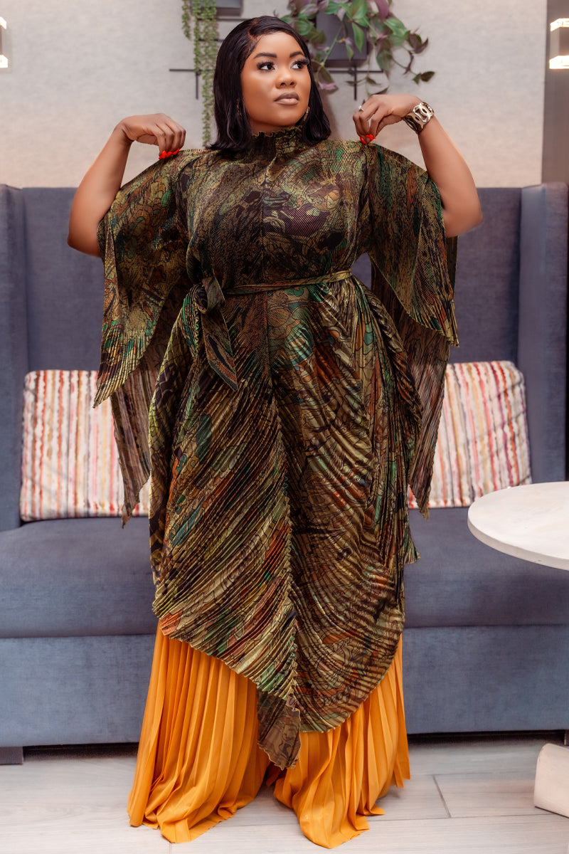 Miyake Pleated Pant & Top Set | Earth Tones & Golden Glow