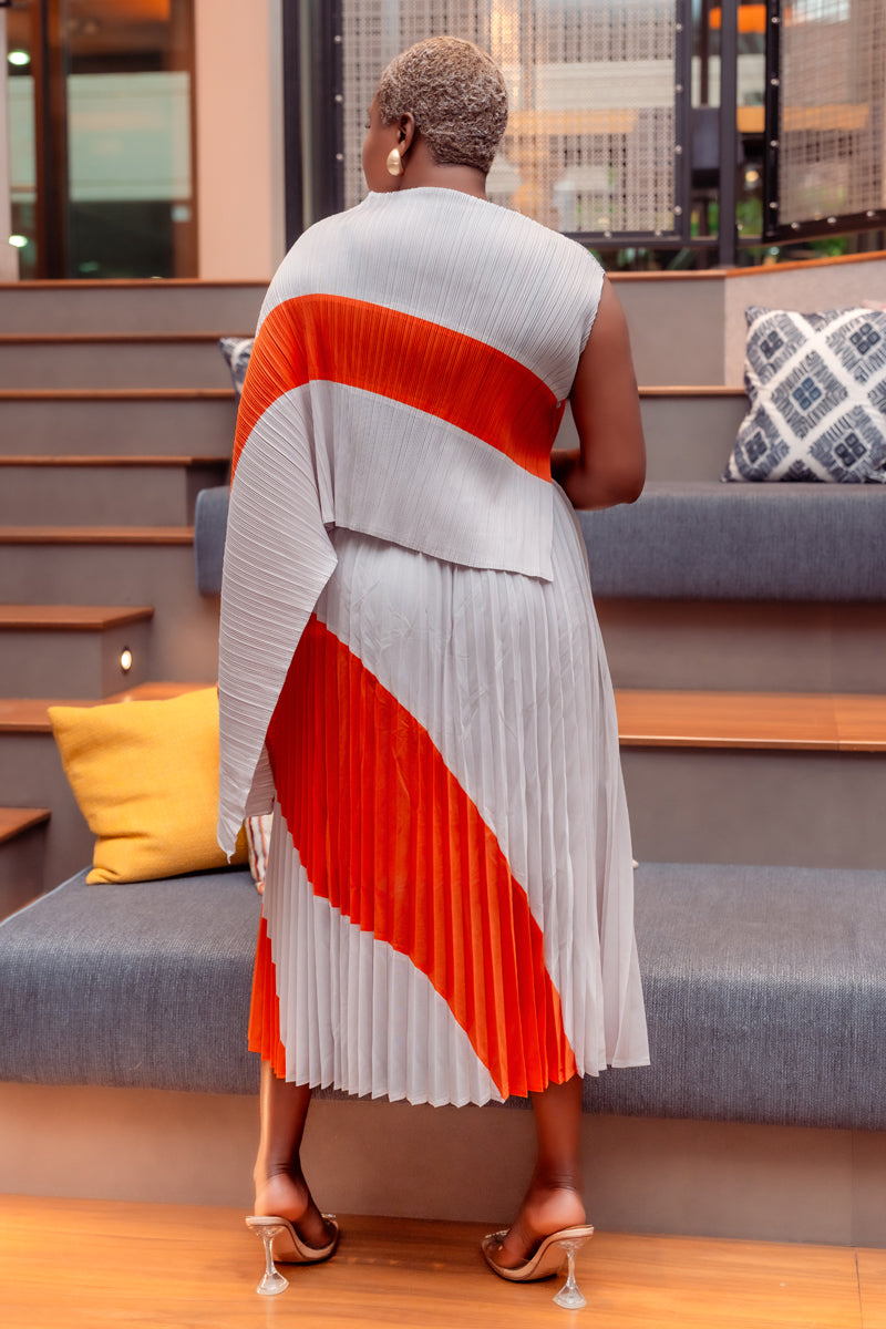 Vibrant Pleats Miyake Skirt & Top Set /Orange &Pink Multi / Off White& Beige