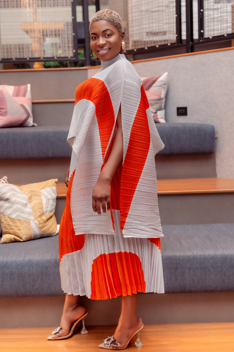 Vibrant Pleats Miyake Skirt & Top Set /Orange &Pink Multi / Off White& Beige
