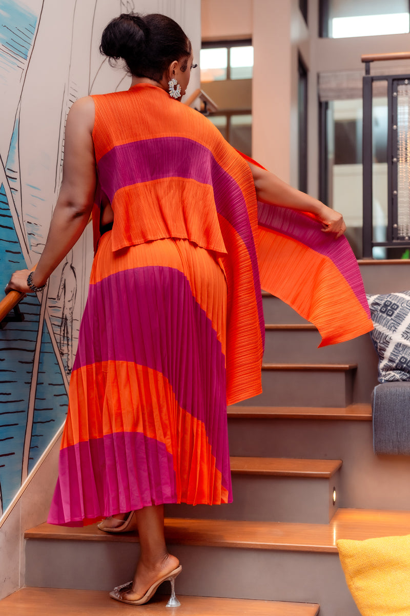 Vibrant Pleats Miyake Skirt & Top Set /Orange &Pink Multi / Off White& Beige