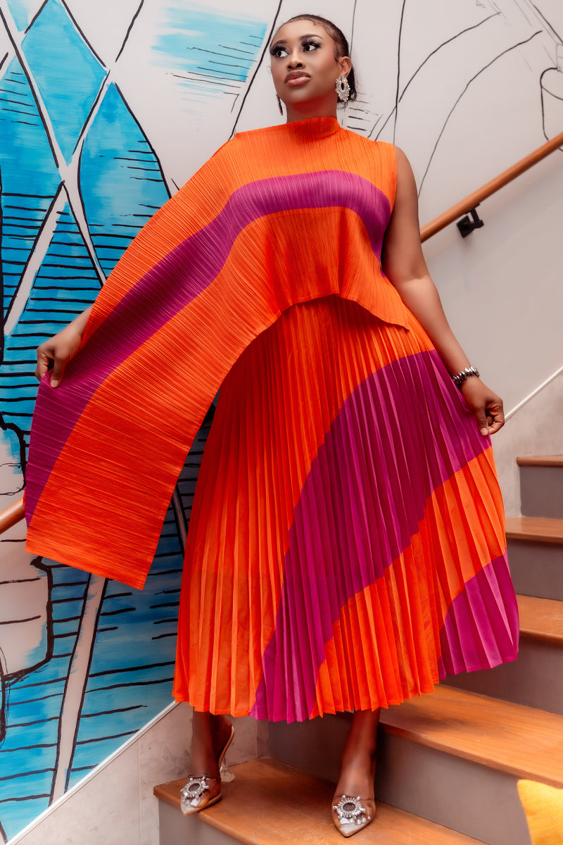Vibrant Pleats Miyake Skirt & Top Set /Orange &Pink Multi / Off White& Beige
