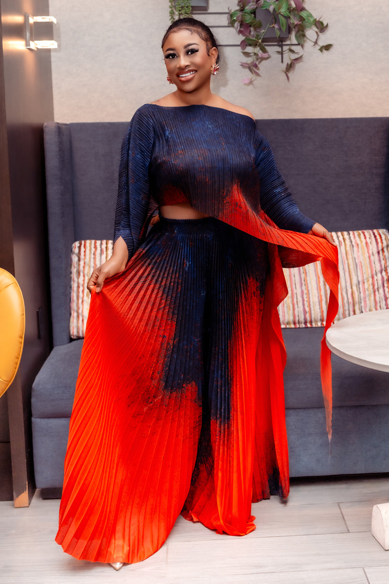 🔥 Vanessa Pleated Miyake Set | Navy & Fiery Red
