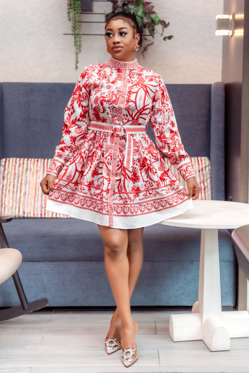 Elegant Red & White Printed Mini Dress