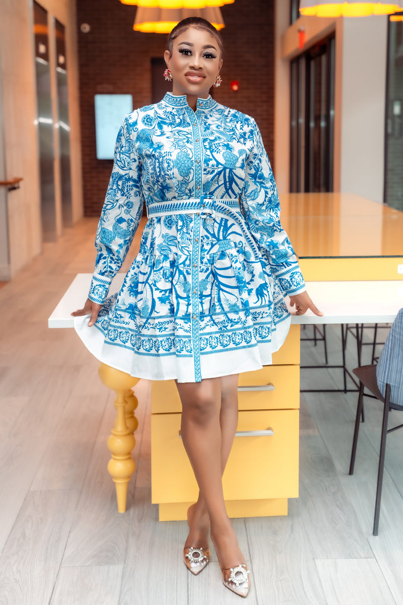 blue porcelain print dress Spring Autumn Runway Fashion Blue And White Porcelain Flower Print Dress m-xxl