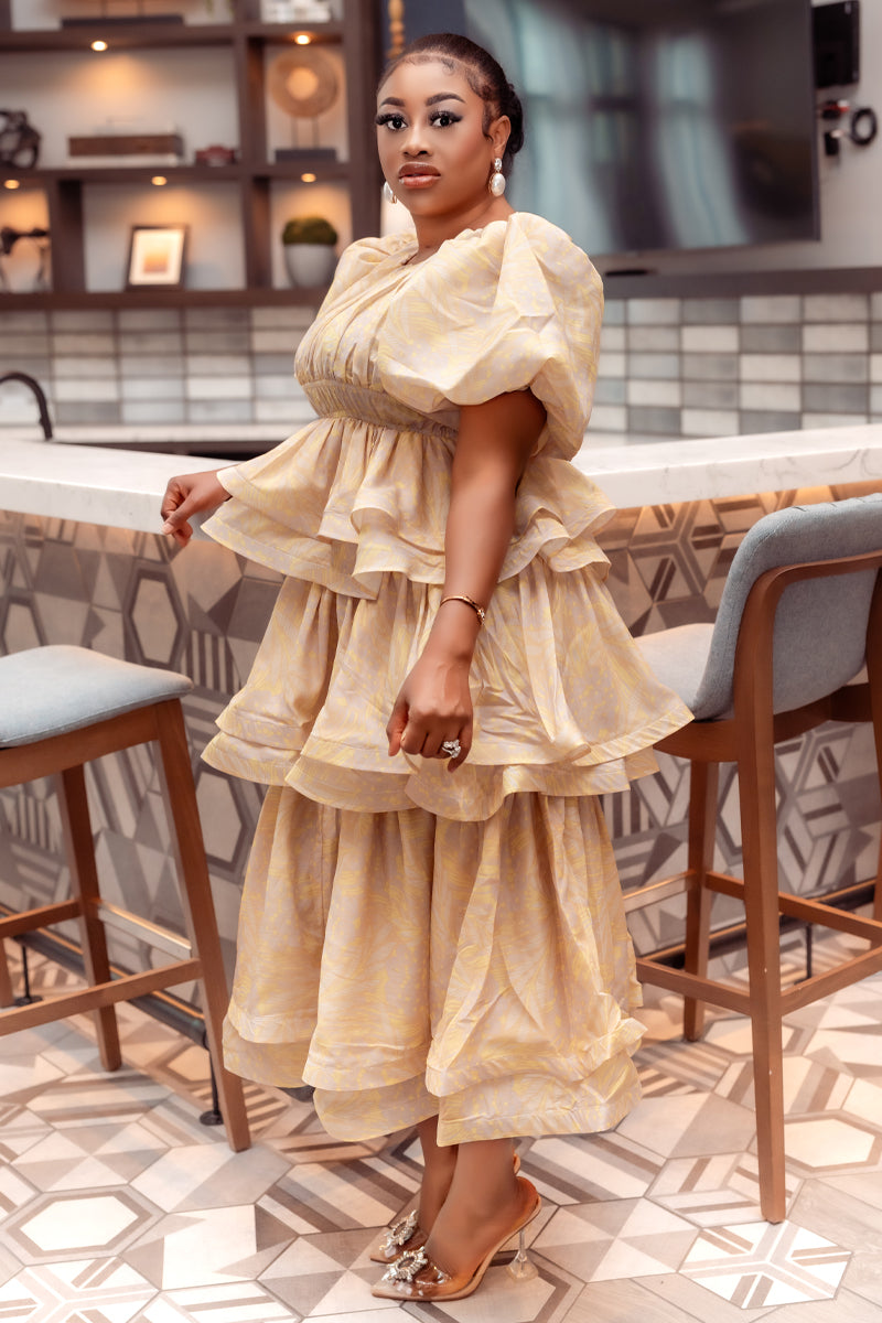 Golden Aura Ruffle Maxi Dress