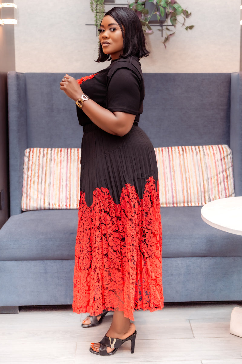 Ruby Elegant Black & Red Lace Skirt & Top Set