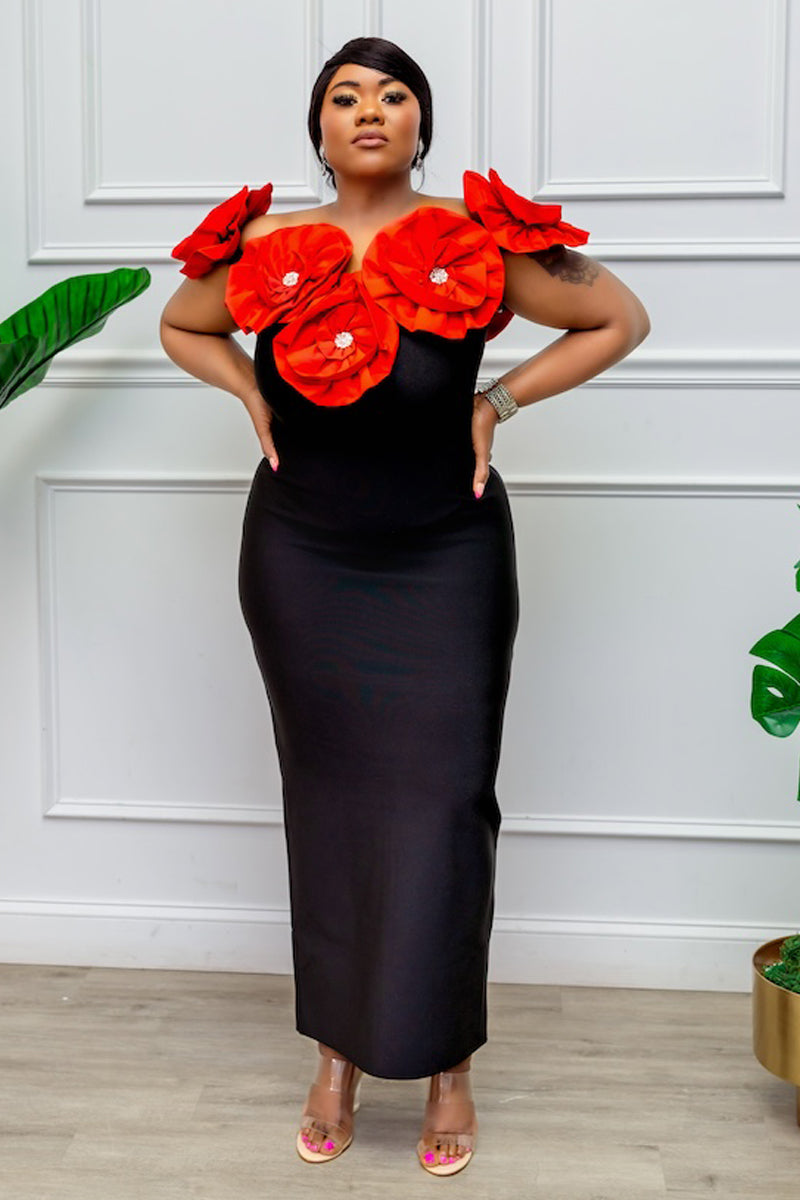 Elegant Black & Red Floral Shoulder Gown