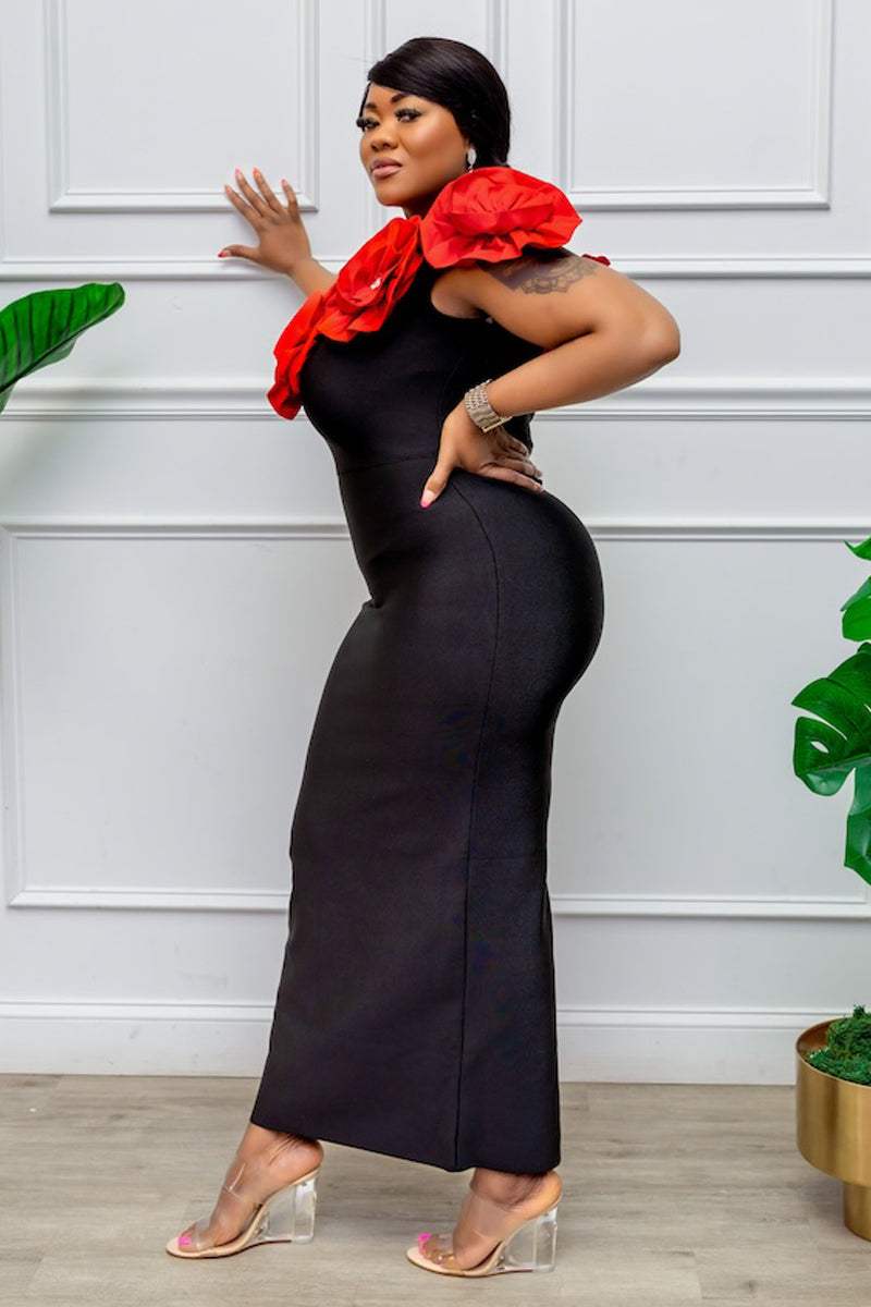 Elegant Black & Red Floral Shoulder Gown