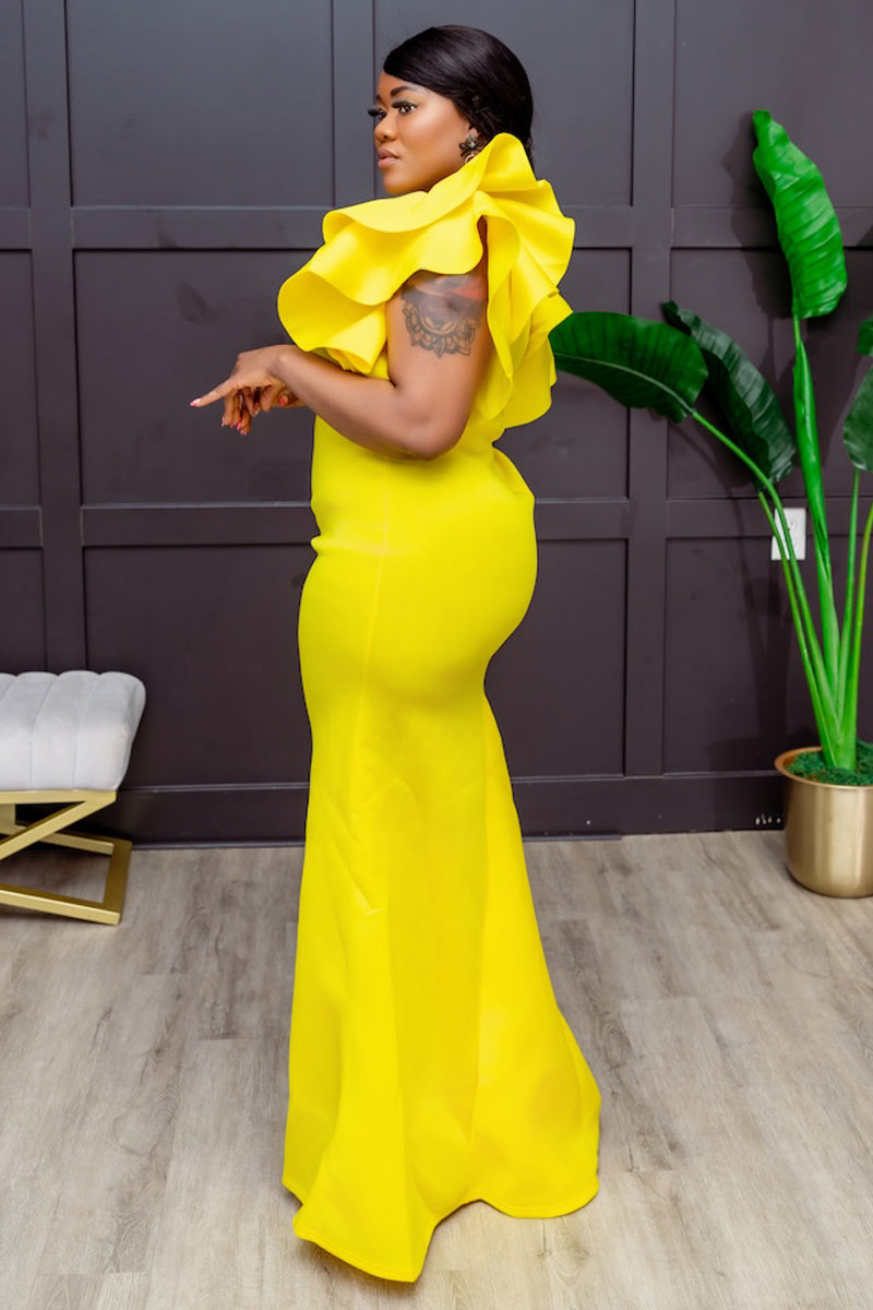 Radiance Ruffle Gown – Bold Elegance in Yellow