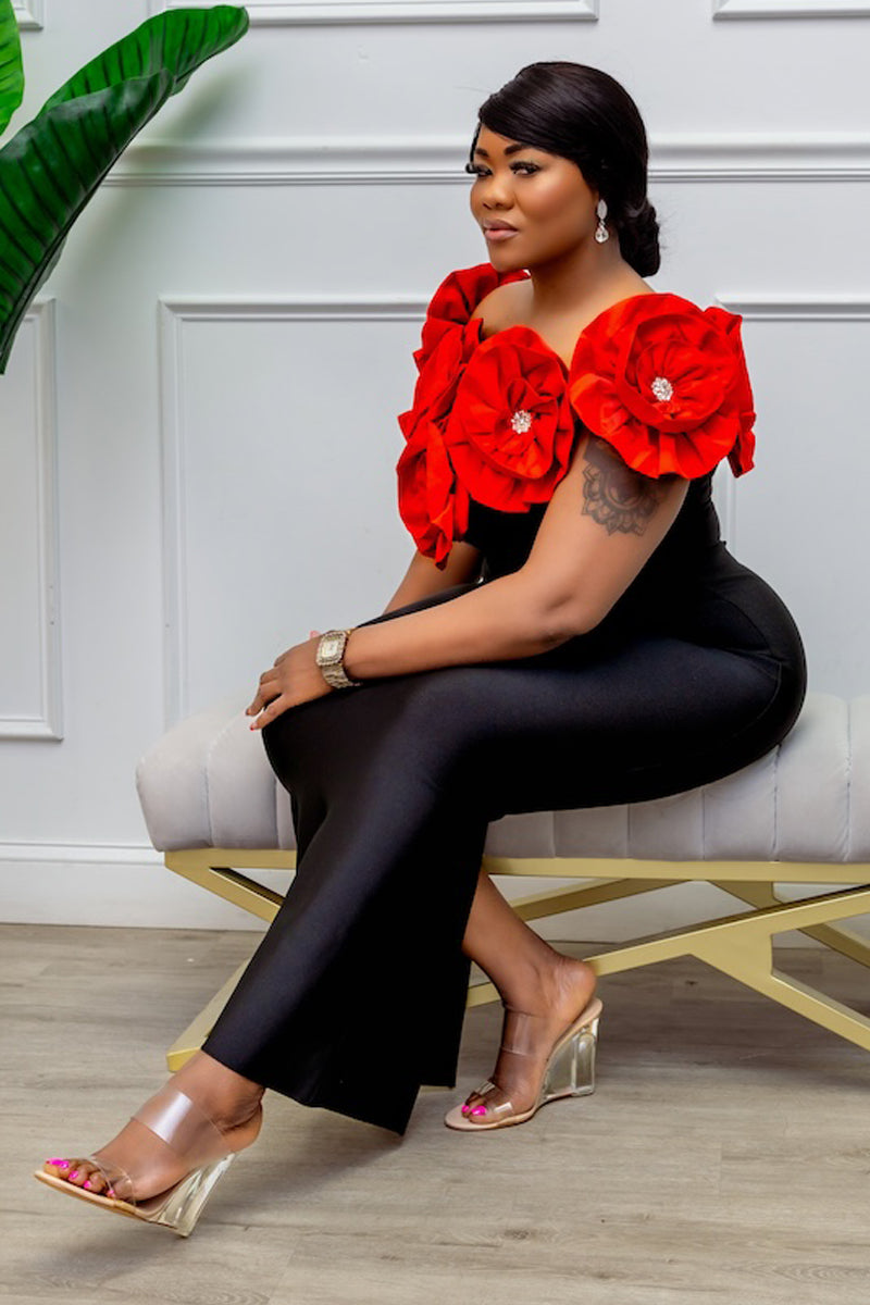 Elegant Black & Red Floral Shoulder Gown
