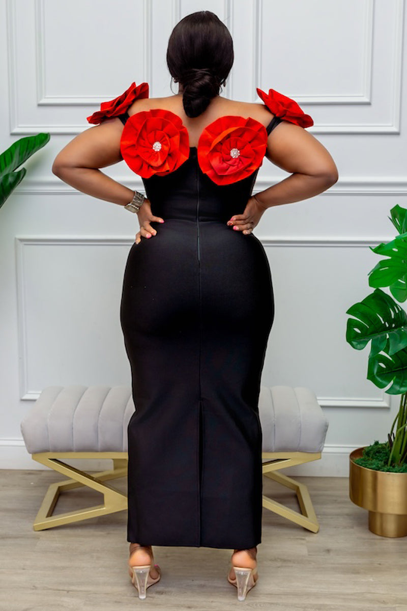 Elegant Black & Red Floral Shoulder Gown