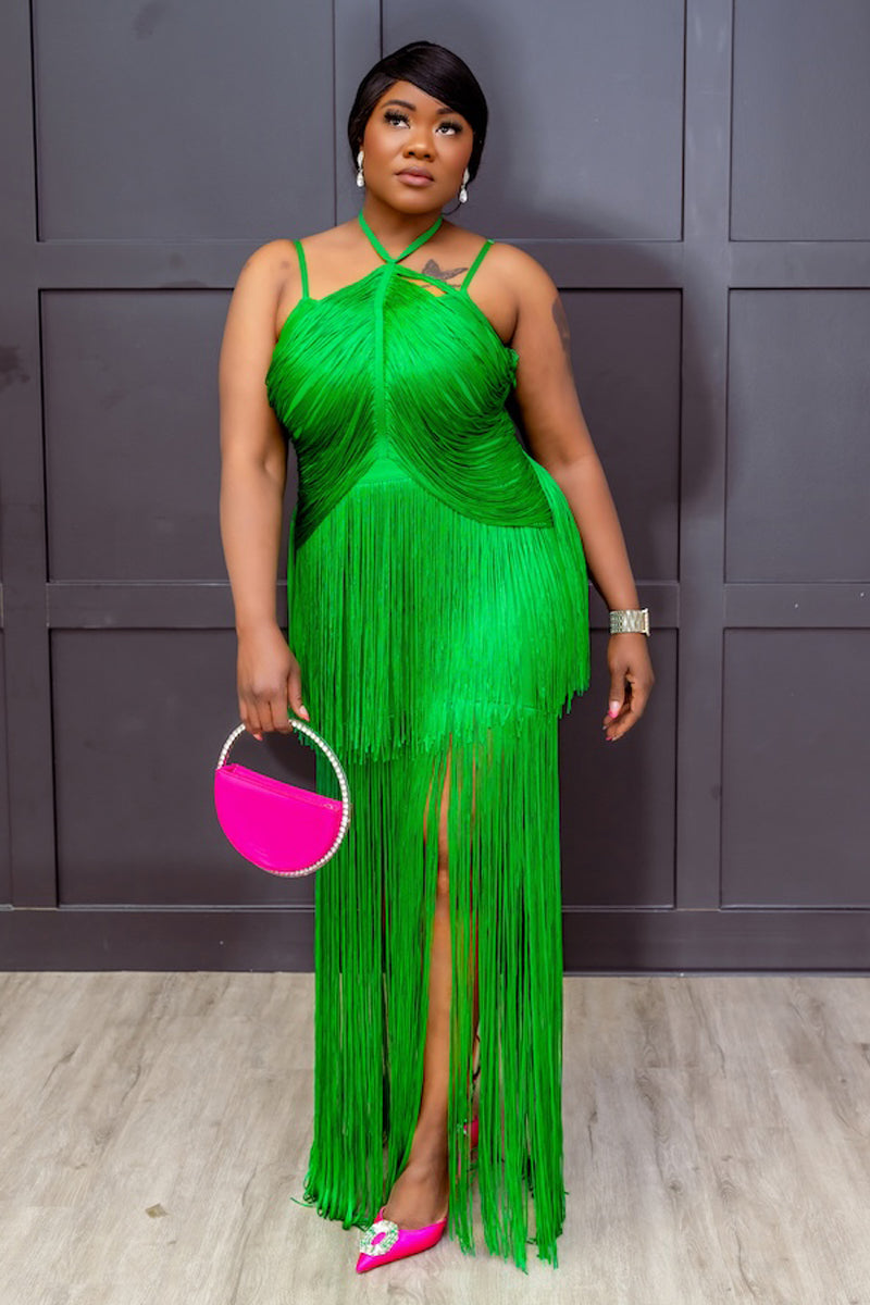 Tity Elegant Green Fringe Halter Dress