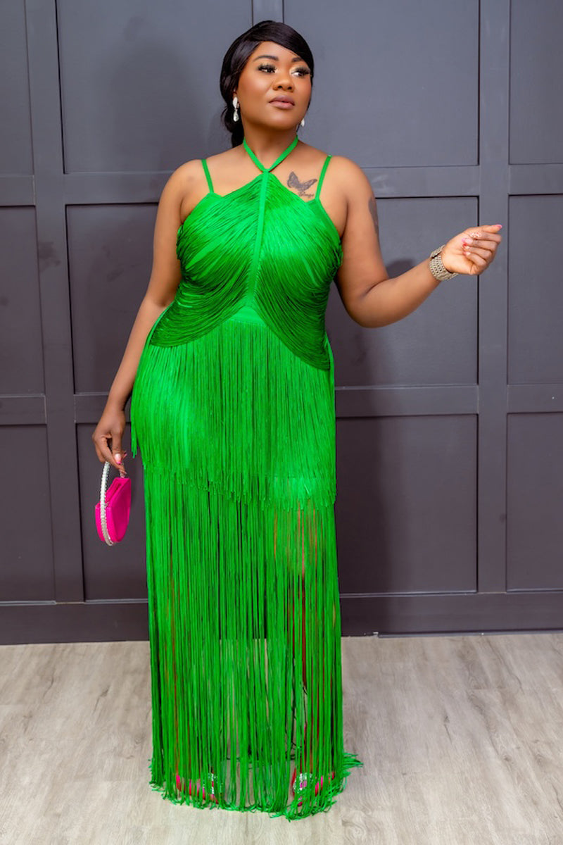 Tity Elegant Green Fringe Halter Dress