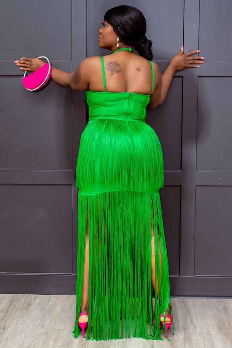Tity Elegant Green Fringe Halter Dress