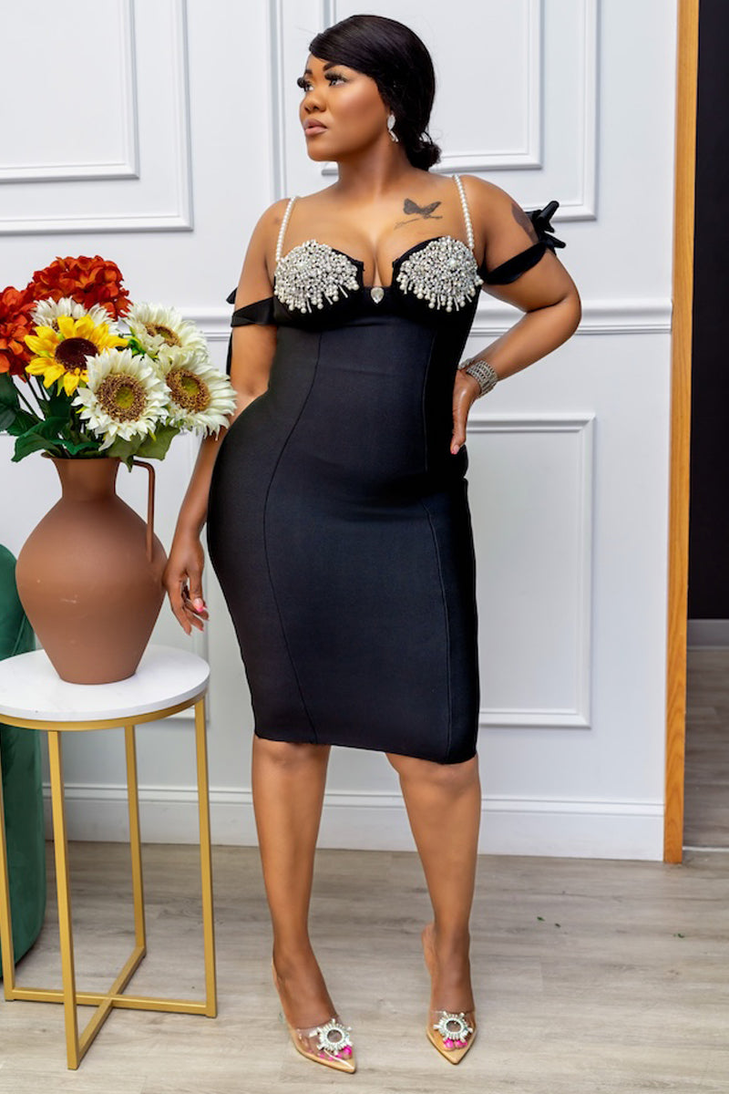 Elegance Noir Pearl-Embellished Midi Dress