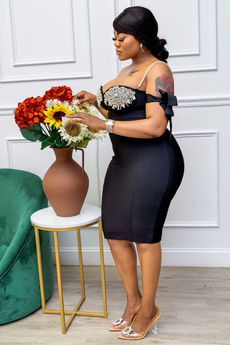 Elegance Noir Pearl-Embellished Midi Dress