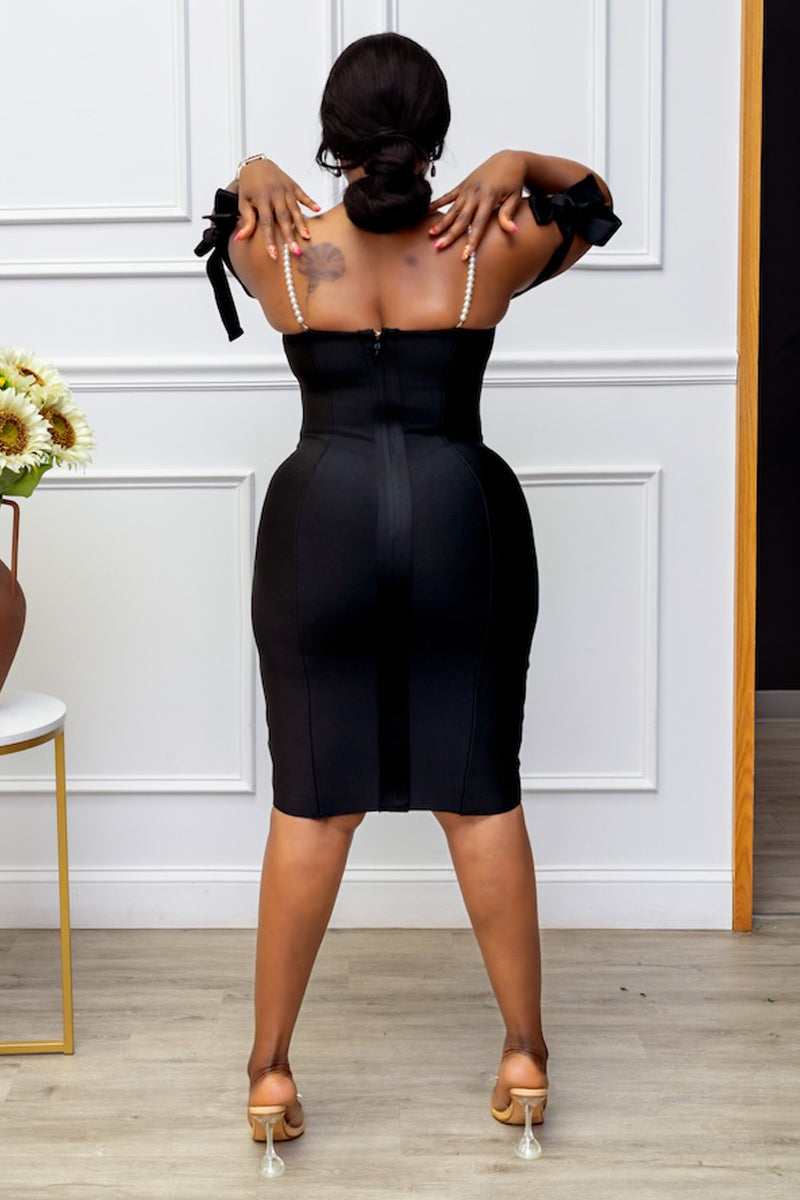 Elegance Noir Pearl-Embellished Midi Dress