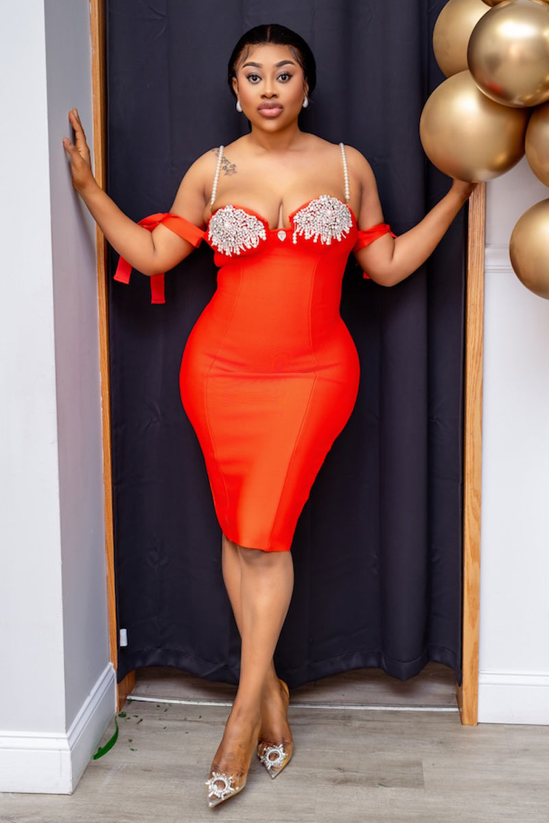 Luxe Red Pearl-Embellished Bodycon Dress