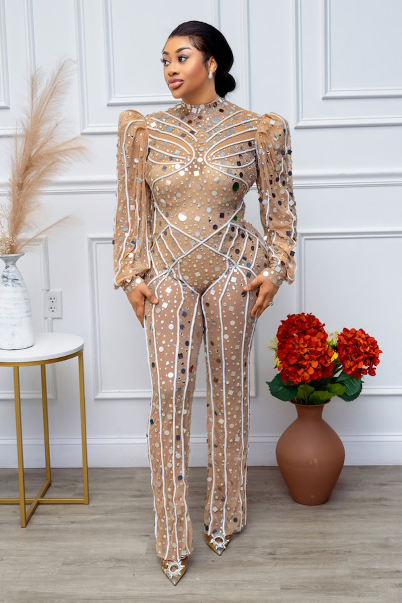 Star Zee Luxe Illusion Crystal Mesh Jumpsuit