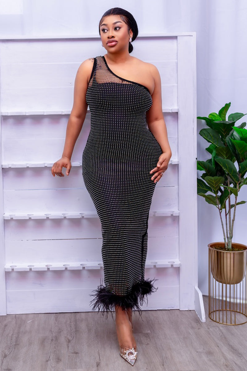 Midnight Elegance One-Shoulder Feather-Trim Dress