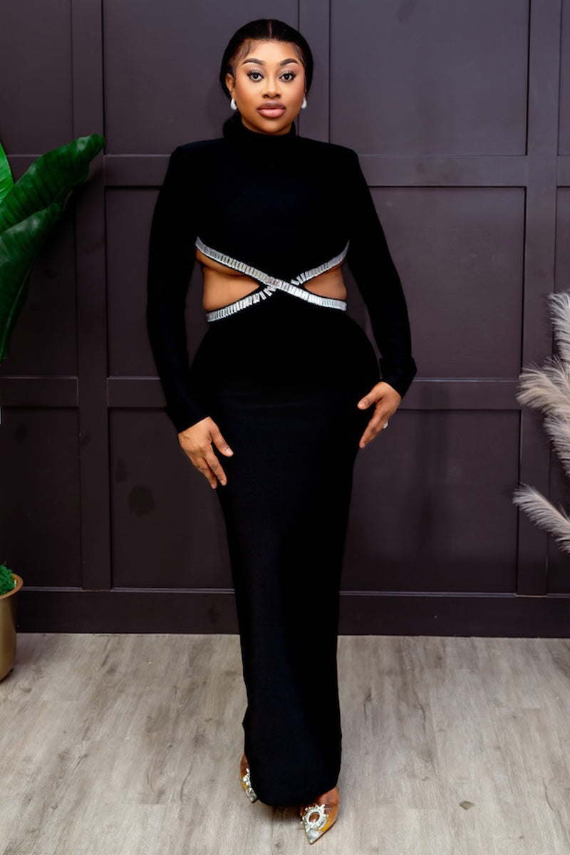 Sonna Elegant Black Cut-Out Gown with Crystal Detailing