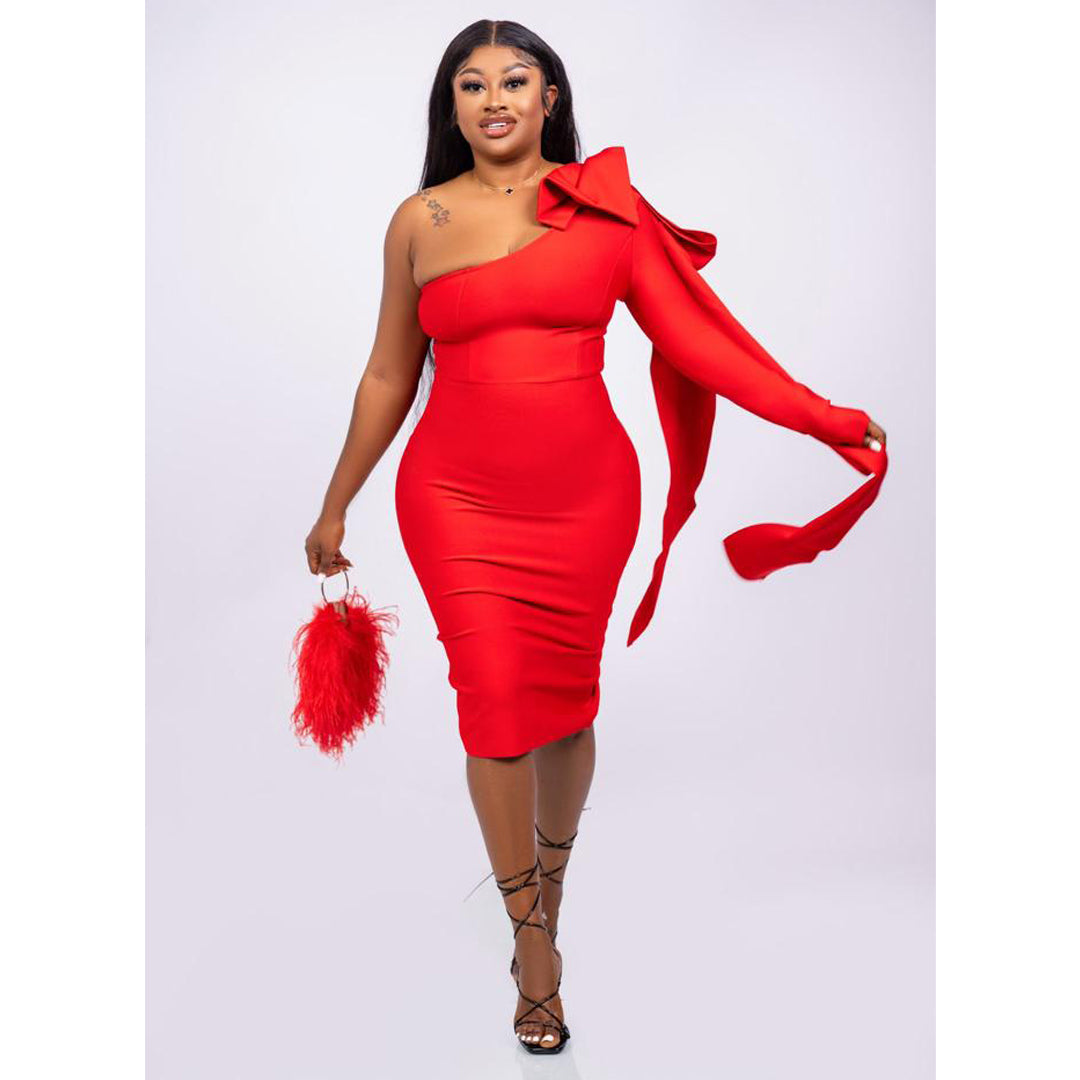 Scarlet Elegance One-Shoulder Midi Dress