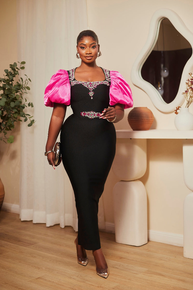“Zaria Luxe Embellished Midi Dress”