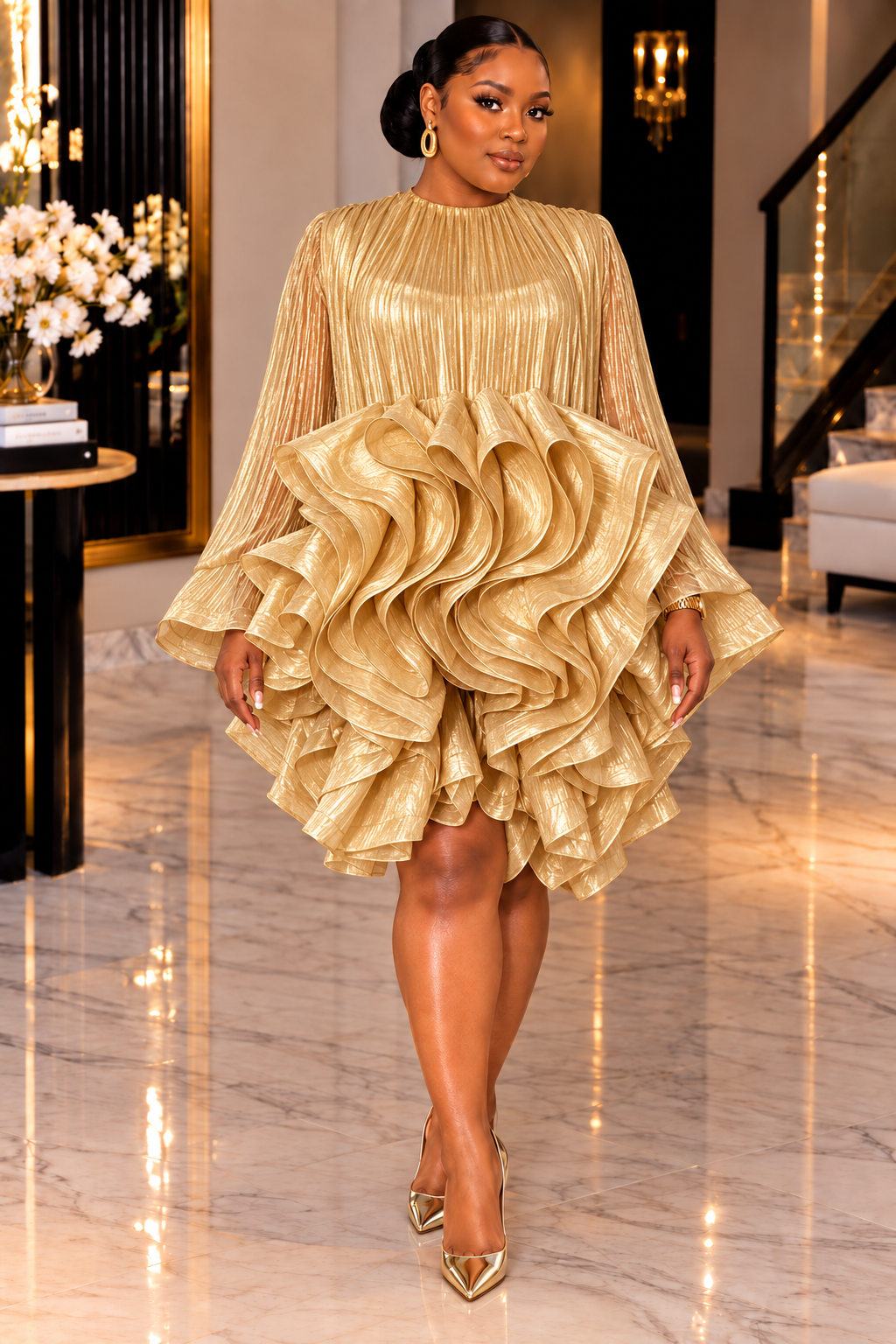 QUEEN KAY LUXE SCULPTURAL RUFFLE MINI DRESS – WHITE & GOLD