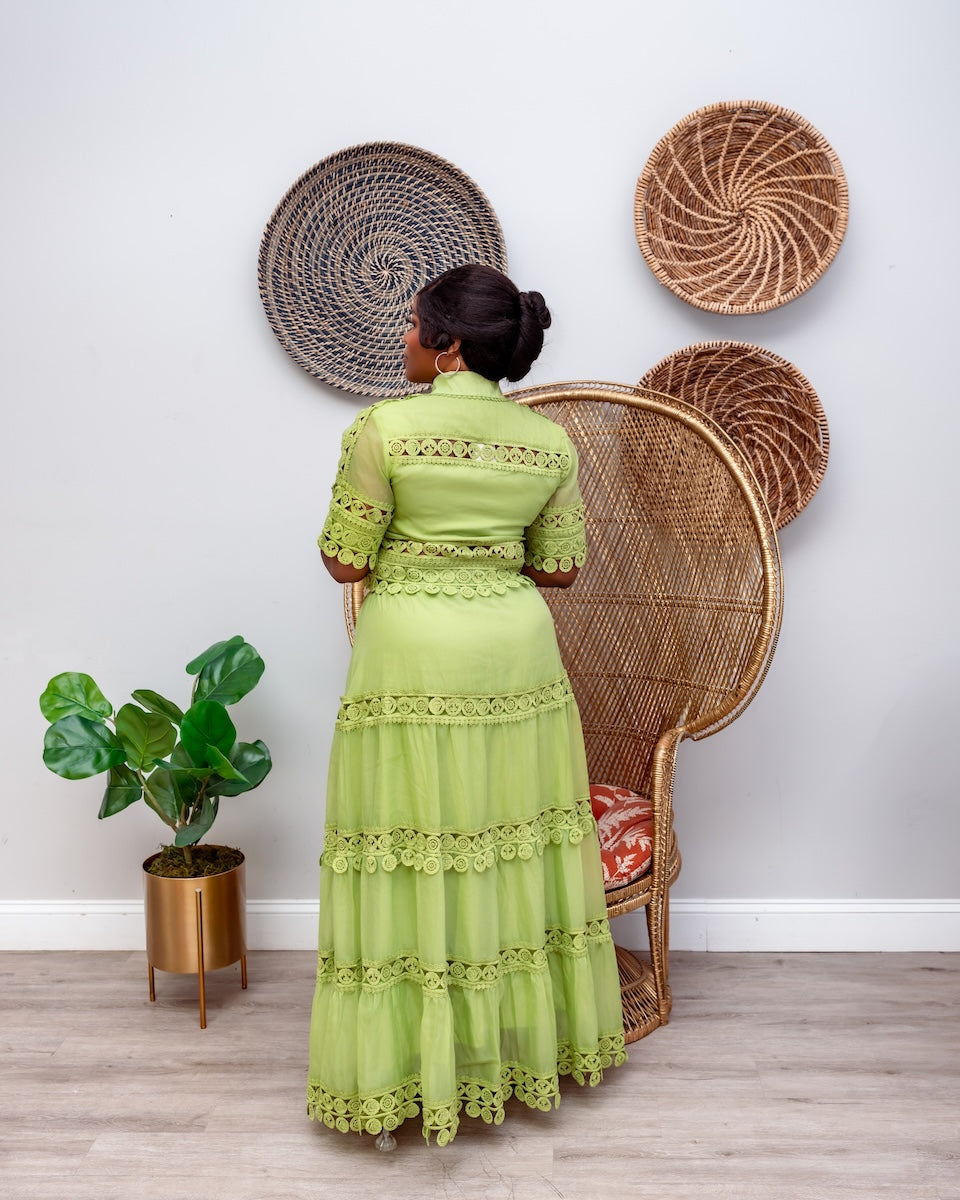 Emerald Bloom Lace Skirt Set