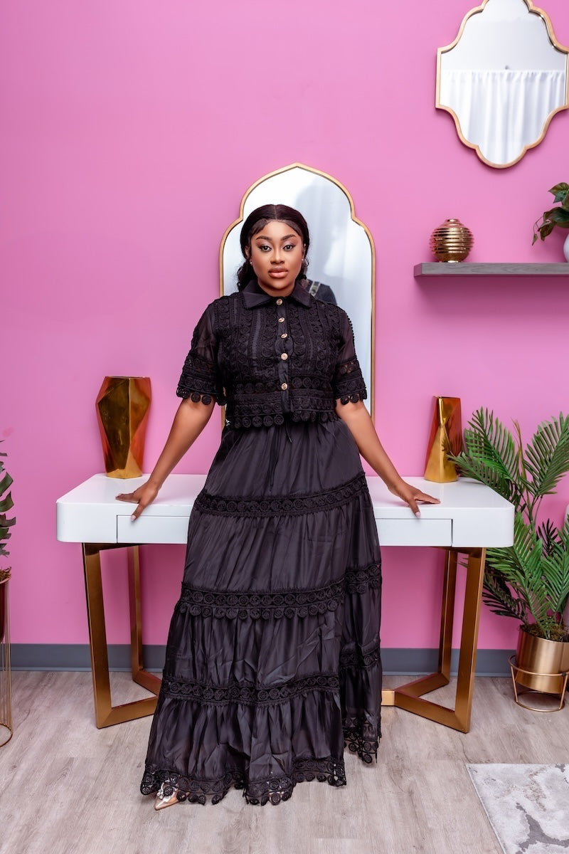 Midnight Elegance Lace Skirt Set – Black