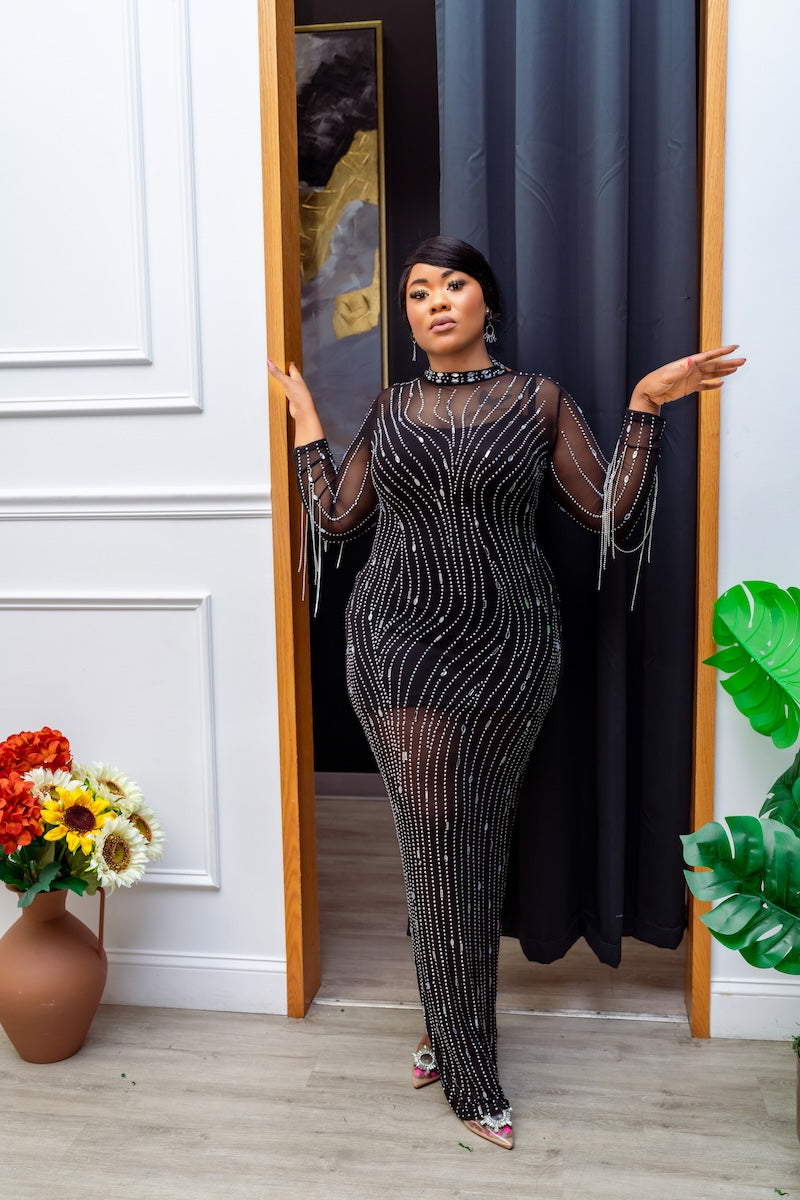 Binty Elegant Black Sheer Rhinestone Gown