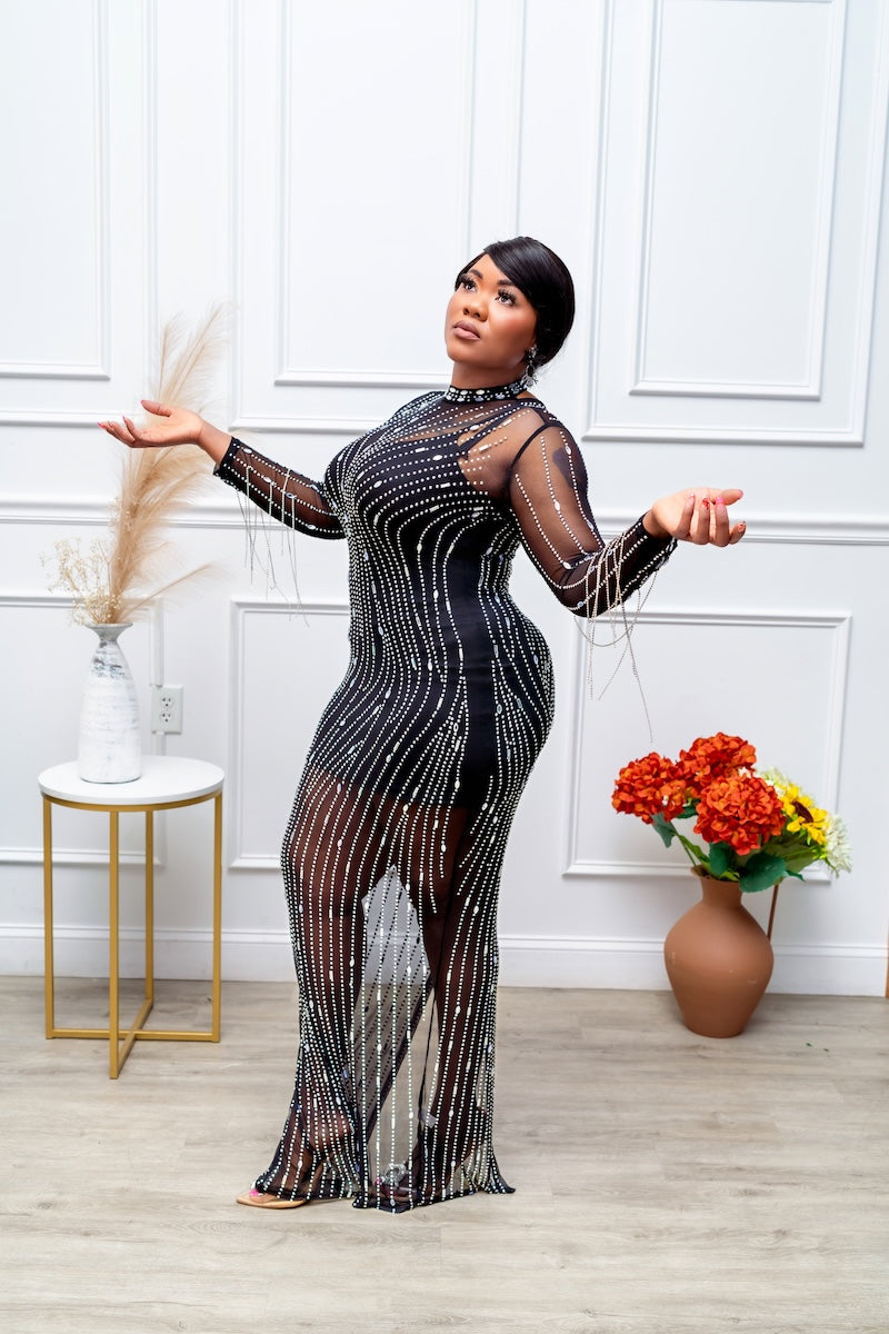 Binty Elegant Black Sheer Rhinestone Gown