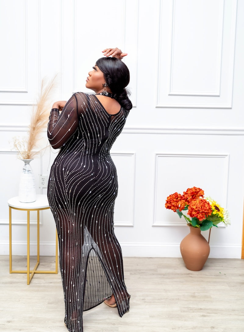 Binty Elegant Black Sheer Rhinestone Gown