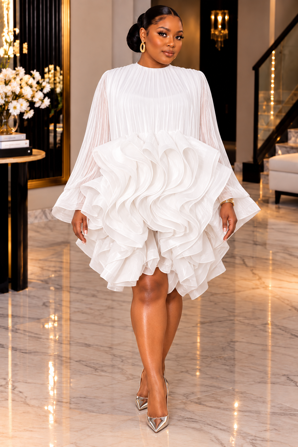 QUEEN KAY LUXE SCULPTURAL RUFFLE MINI DRESS – WHITE & GOLD