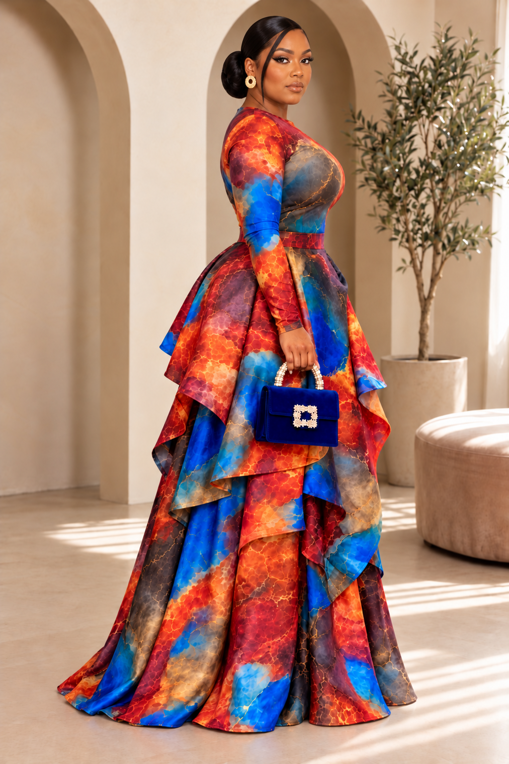 GENEVIEVE LUXE ABSTRACT RUFFLE SKIRT & TOP SET – TURQUOISE BLUE & ORANGE