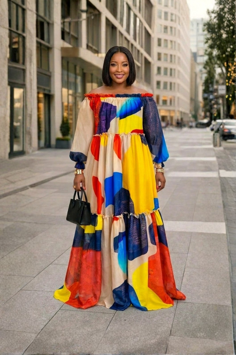 Vibrant Color block Off-Shoulder Maxi Dress