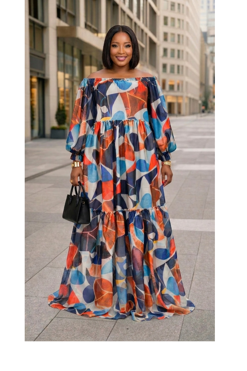 Abstract Print Off-Shoulder Maxi Dress